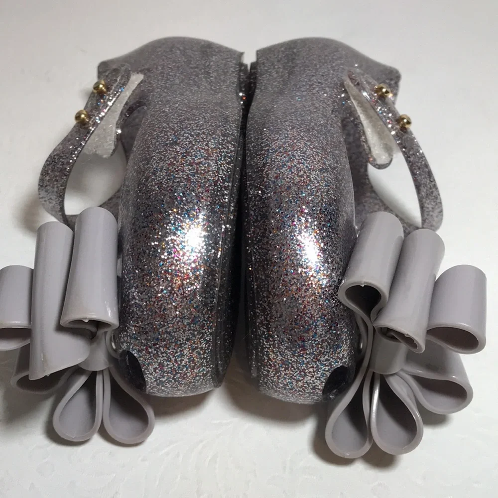 Mini Melissa Ultragirl Glittery Triple Bow Silver Jelly Shoes Size 7